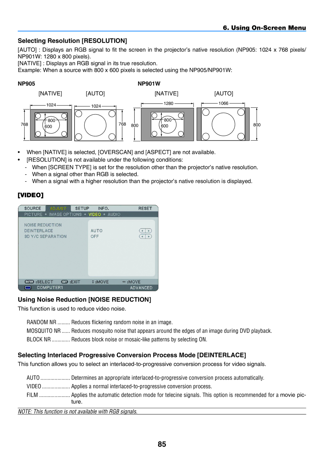 NEC NP901W user manual Using On-Screen Menu Selecting Resolution Resolution, Using Noise Reduction Noise Reduction 