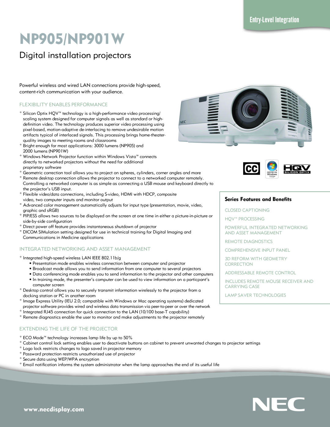 NEC manual NP905/NP901W, Digital installation projectors, Entry-LevelIntegration, Series Features and Benefits 