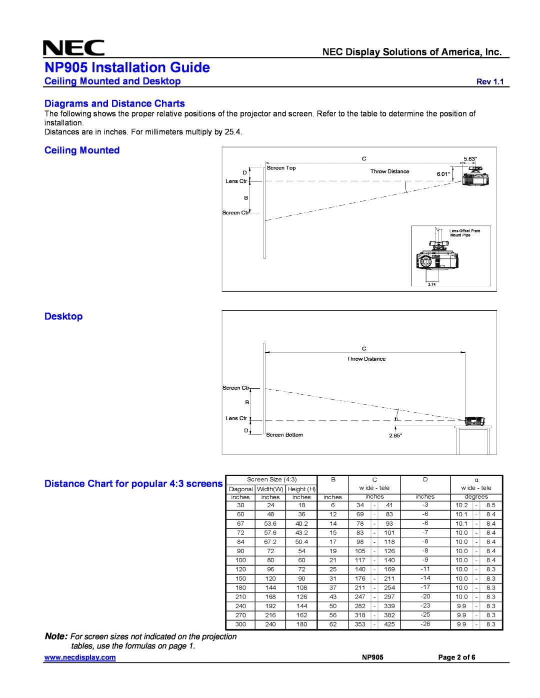 NEC NP905 NEC Display Solutions of America, Inc, Diagrams and Distance Charts, Ceiling Mounted, Desktop, Page 2 of 
