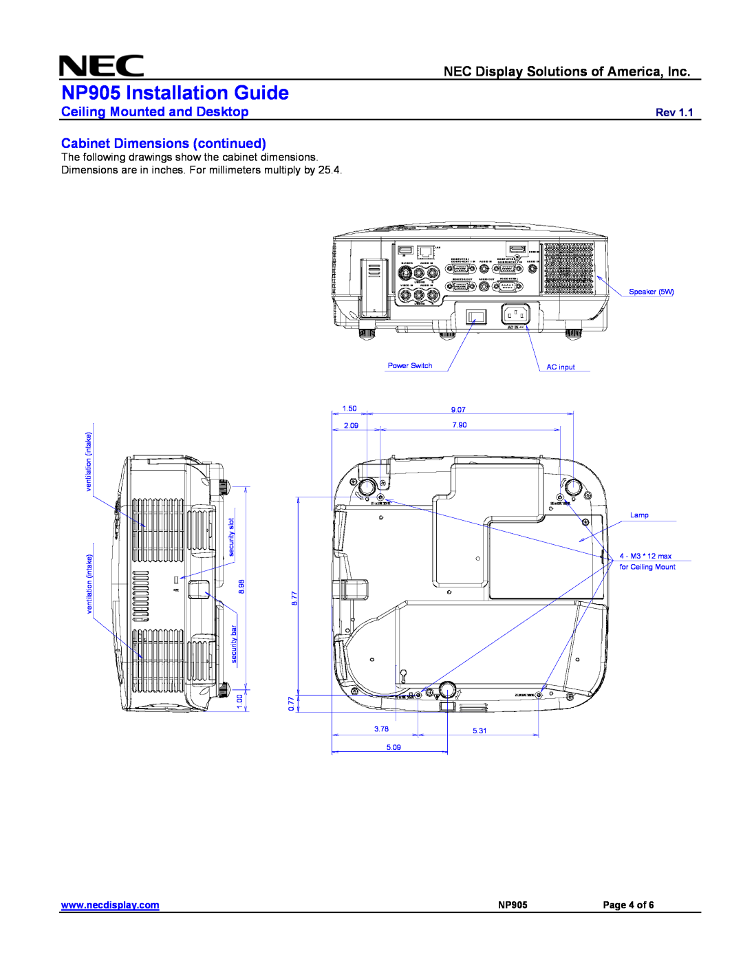NEC Cabinet Dimensions continued, NP905 Installation Guide, NEC Display Solutions of America, Inc, Page 4 of 