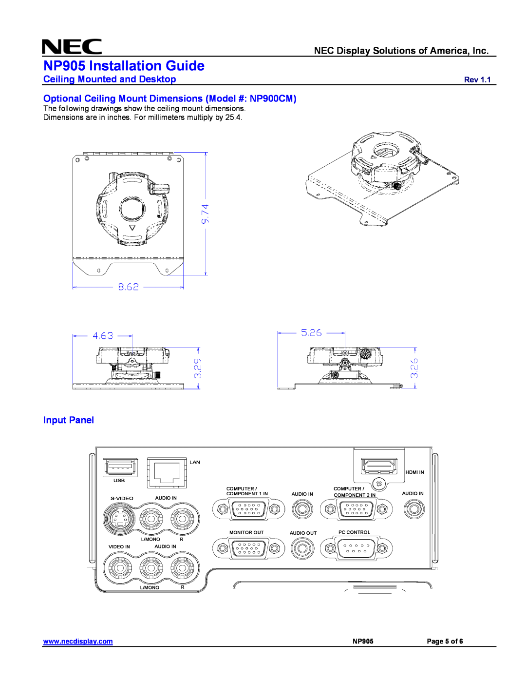 NEC specifications Optional Ceiling Mount Dimensions Model # NP900CM, Input Panel, NP905 Installation Guide, Page 5 of 