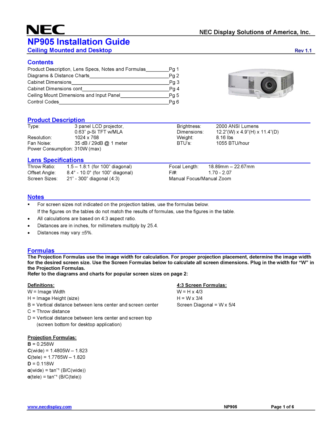 NEC NP905 specifications Ceiling Mounted and Desktop, Contents, Product Description, Lens Specifications, Formulas 