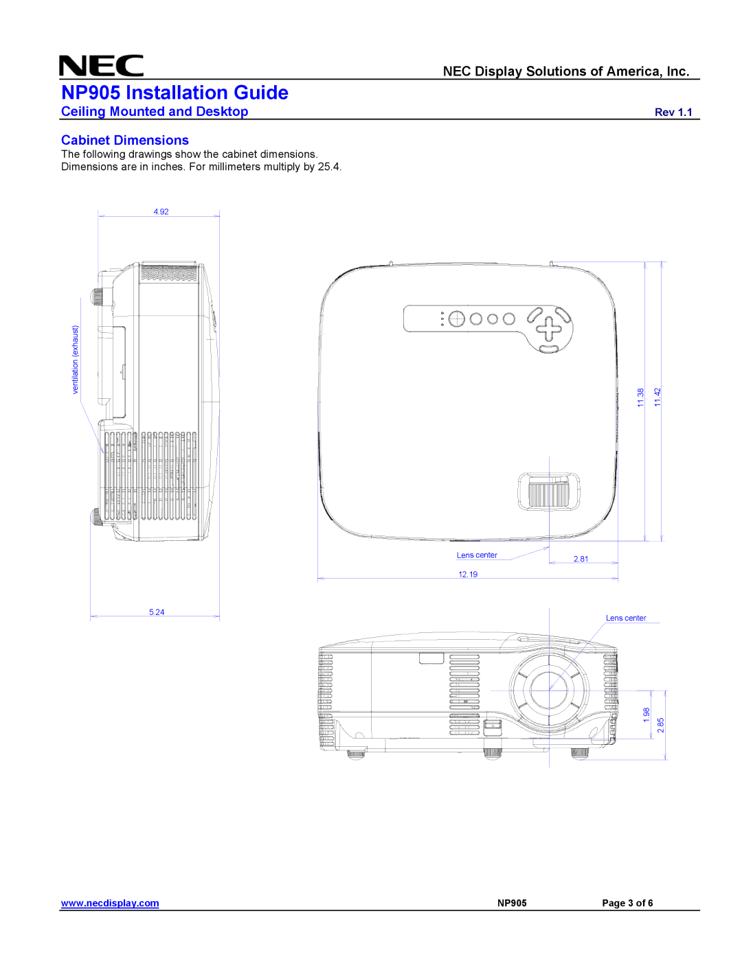 NEC NP905 specifications Cabinet Dimensions 