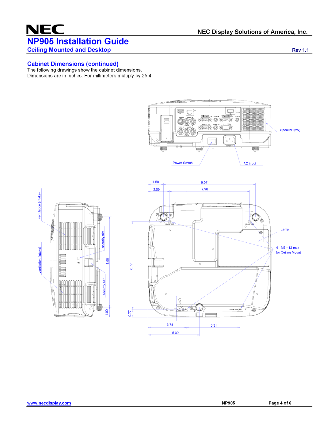 NEC NP905 specifications Speaker 5W 