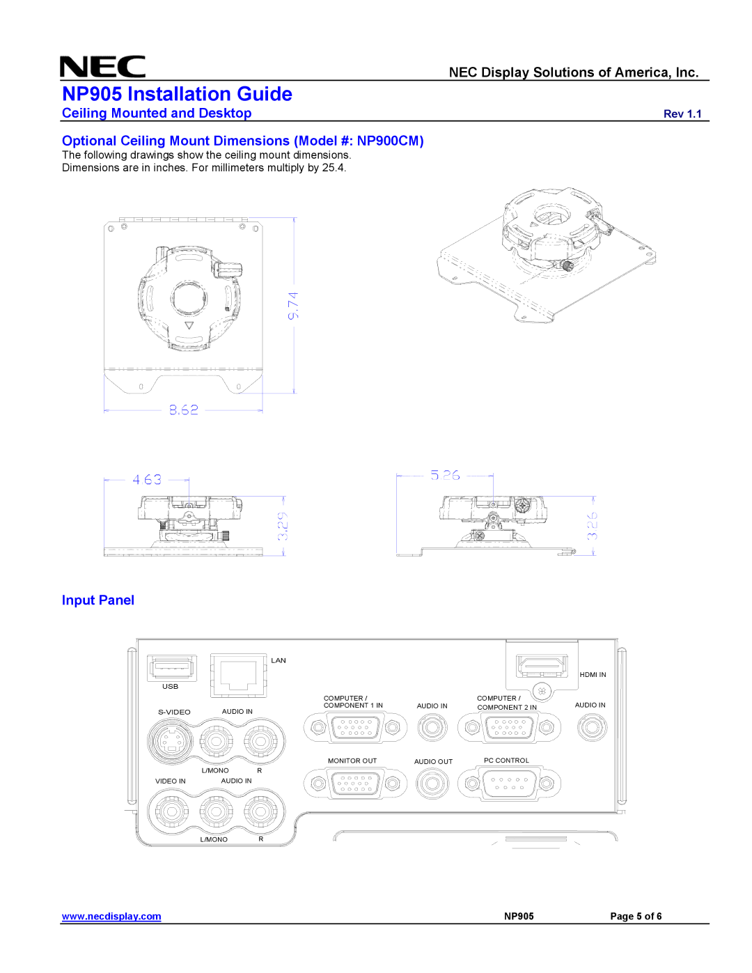 NEC NP905 specifications Optional Ceiling Mount Dimensions Model # NP900CM, Input Panel 