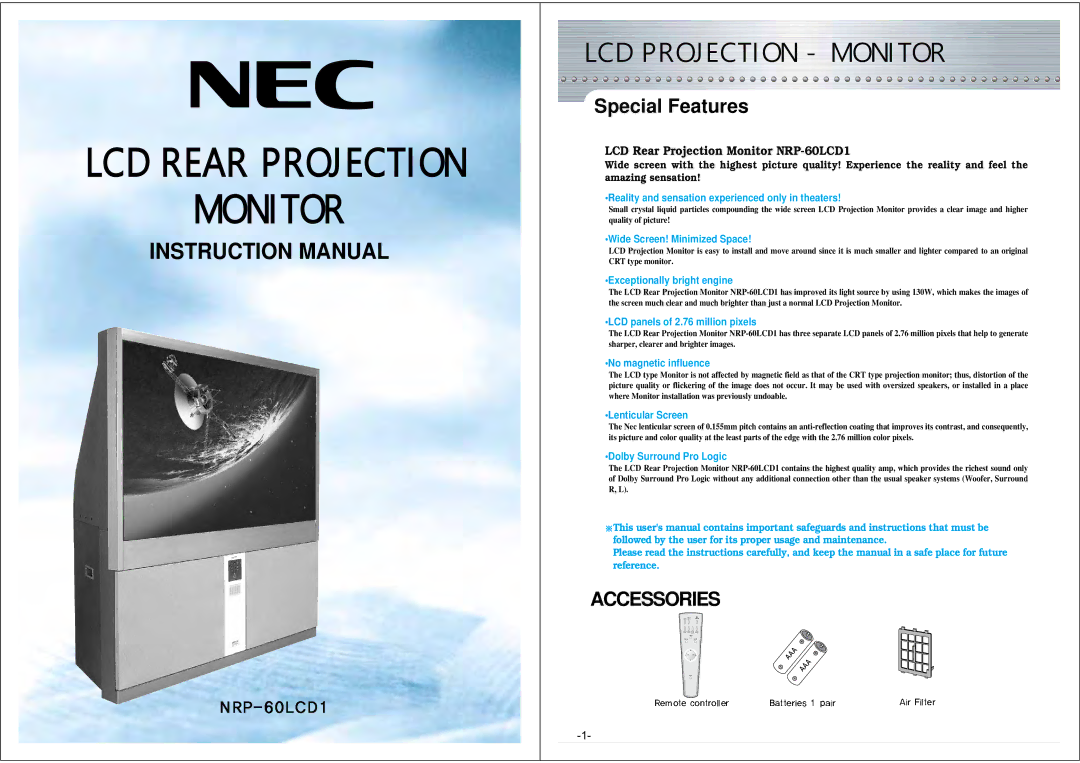 NEC NRP-60LCD1 instruction manual LCD Rear Projection Monitor, Special Features 