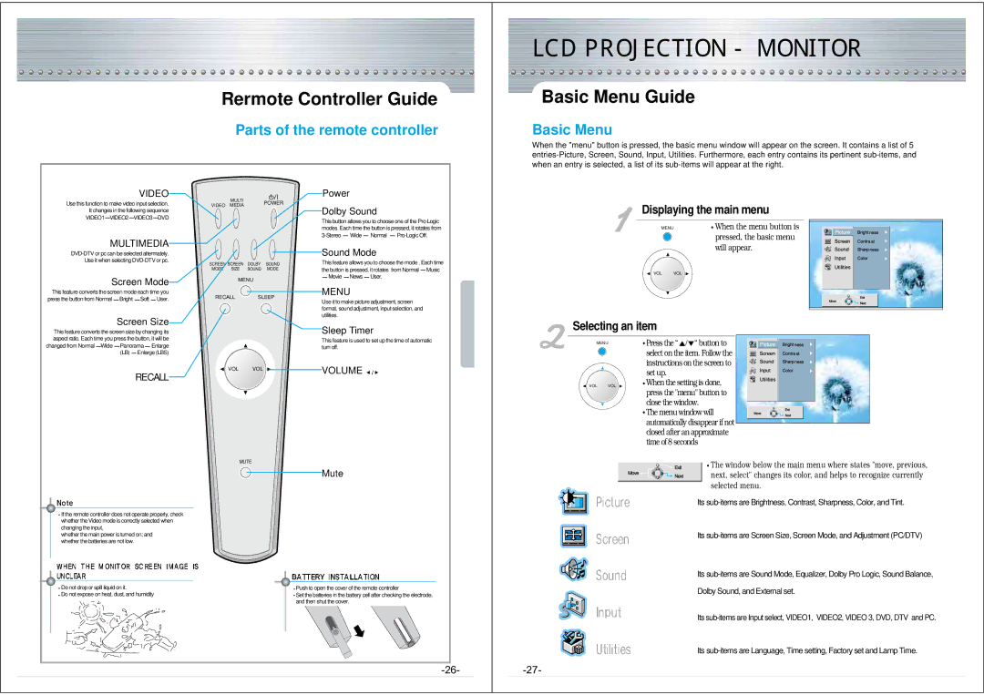 NEC NRP-60LCD1 instruction manual Rermote Controller Guide, Basic Menu Guide, Parts of the remote controller 