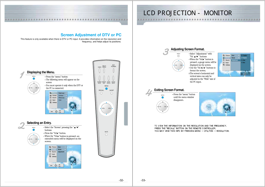 NEC NRP-60LCD1 Screen Adjustment of DTV or PC, Adjusting Screen Format, Displaying the Menu, Selecting an Entry 