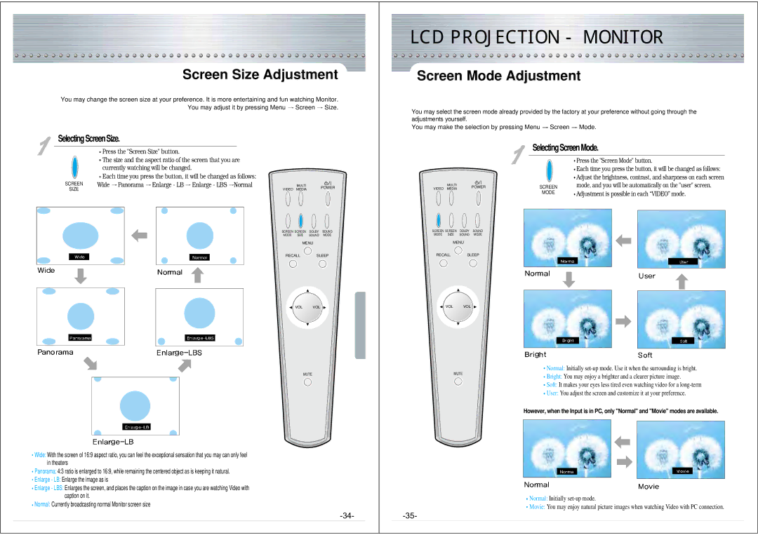 NEC NRP-60LCD1 instruction manual Screen Size Adjustment, Screen Mode Adjustment 