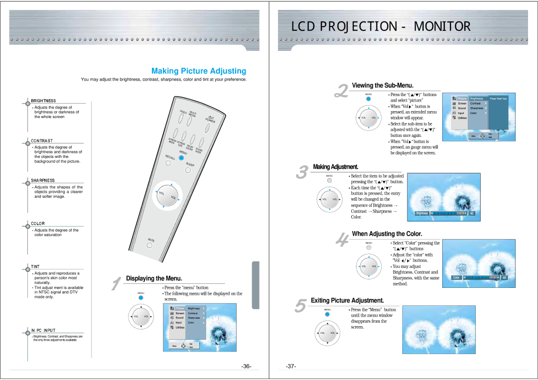 NEC NRP-60LCD1 Making Picture Adjusting, Viewing the Sub-Menu, Making Adjustment, When Adjusting the Color 