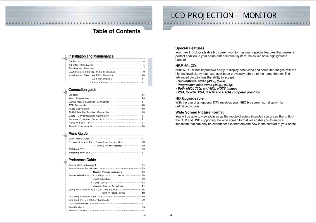 NEC NRP-60LCD1 instruction manual Table of Contents, Special Features 