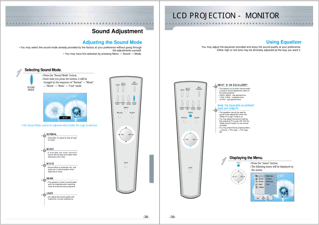 NEC NRP-60LCD1 instruction manual Sound Adjustment, Adjusting the Sound Mode, Using Equalizer, Selecting Sound Mode 