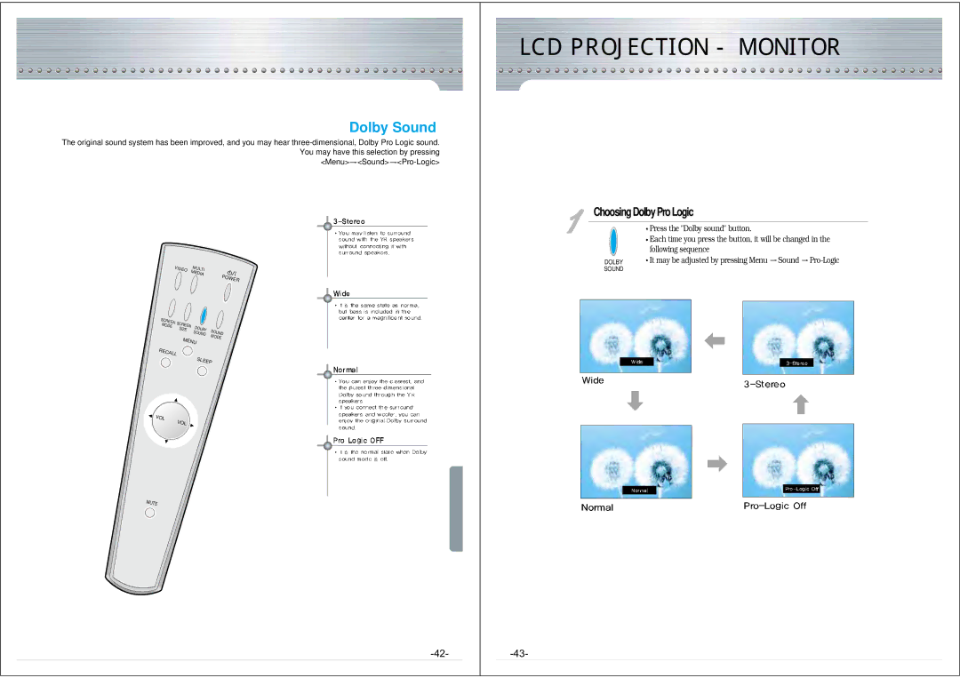 NEC NRP-60LCD1 instruction manual Dolby Sound, Choosing Dolby Pro Logic 