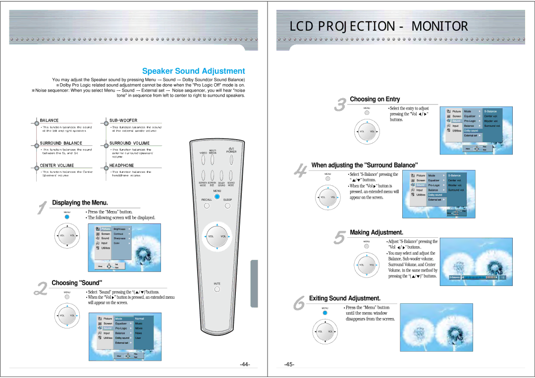 NEC NRP-60LCD1 instruction manual Speaker Sound Adjustment, Choosing on Entry, When adjusting the Surround Balance 