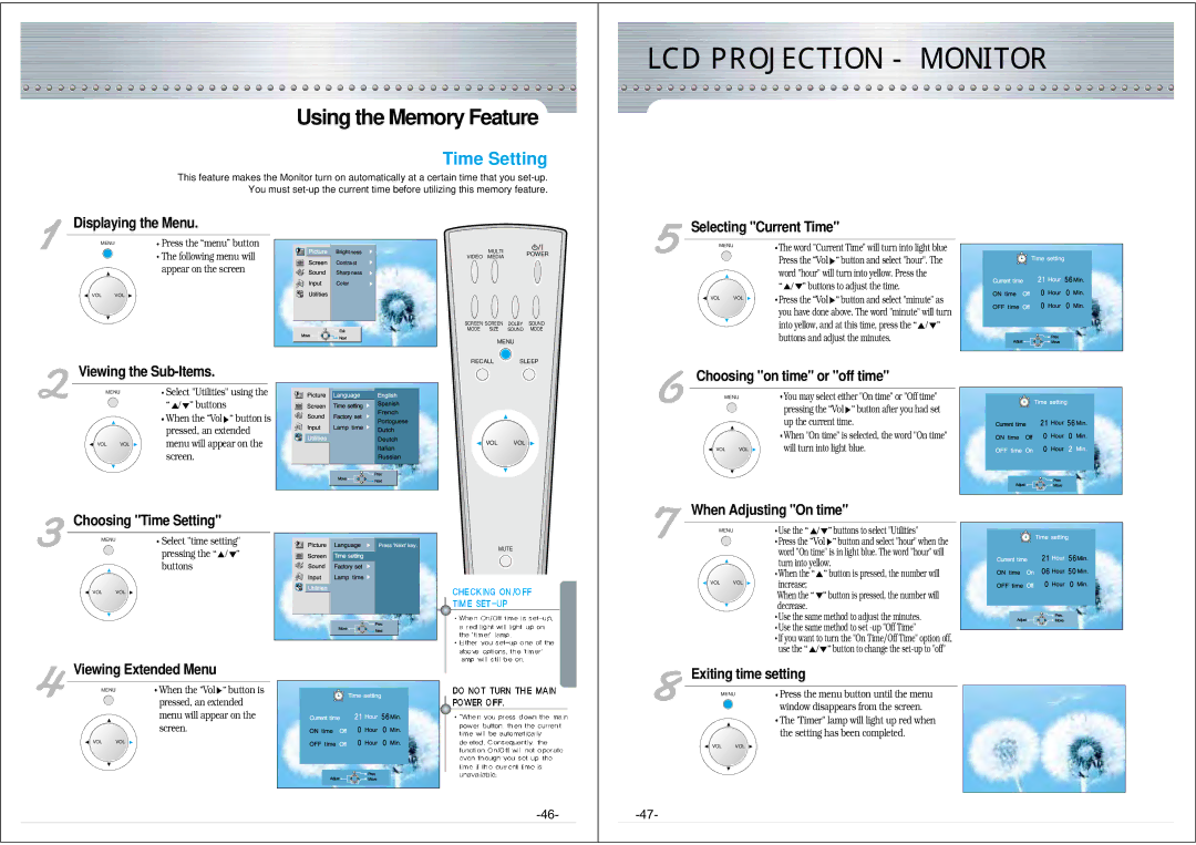 NEC NRP-60LCD1 instruction manual Using the Memory Feature, Time Setting 