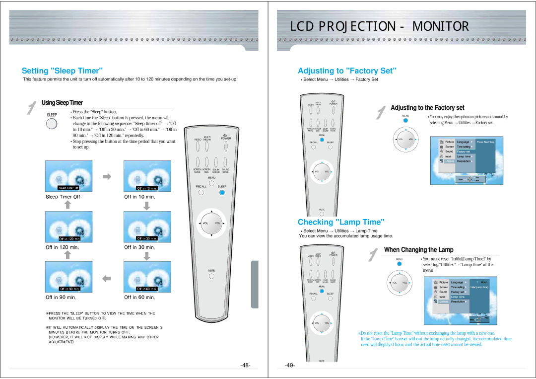 NEC NRP-60LCD1 instruction manual Setting Sleep Timer, Adjusting to Factory Set, Checking Lamp Time 