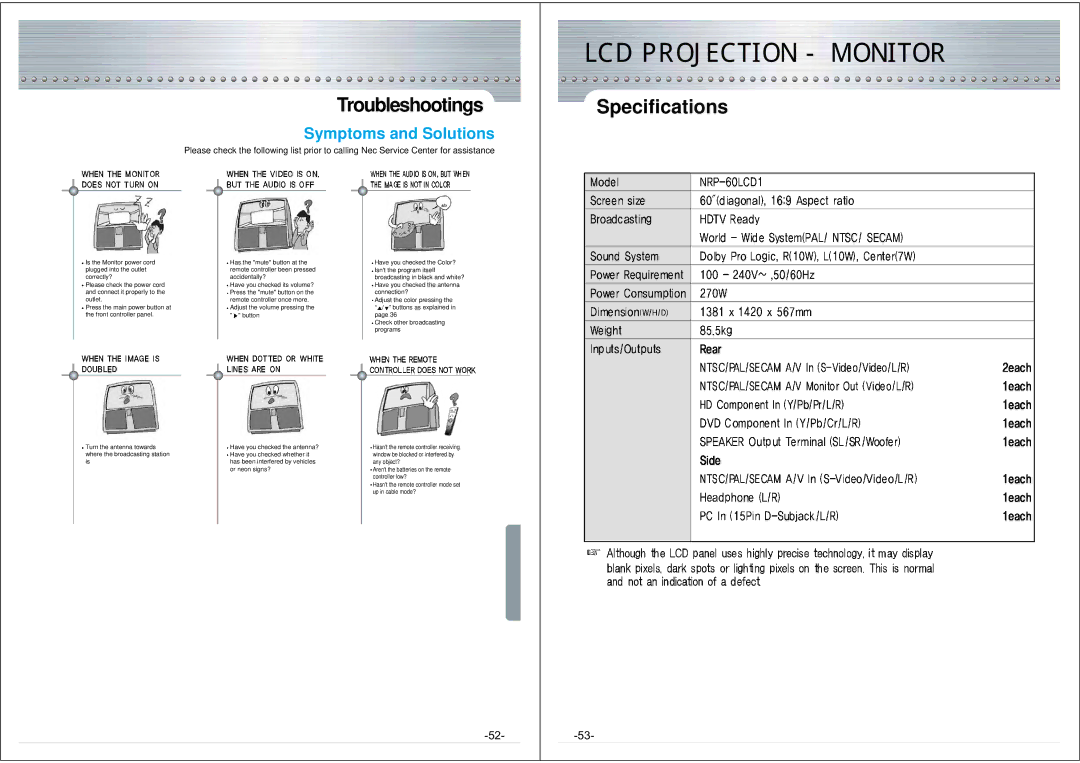 NEC NRP-60LCD1 instruction manual Troubleshootings, Specifications, Symptoms and Solutions 