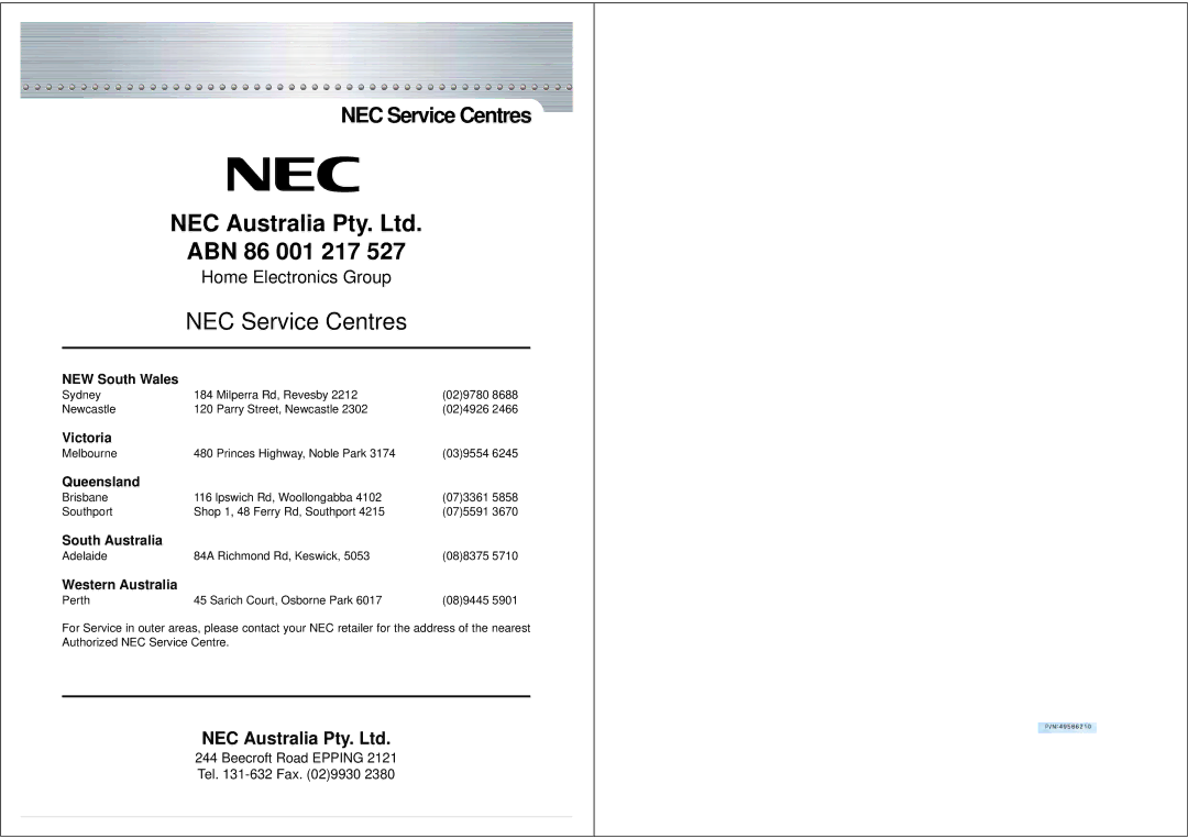 NEC NRP-60LCD1 instruction manual ABN 86 001 217, NEC Service Centres 