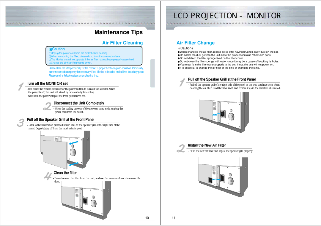 NEC NRP-60LCD1 instruction manual Maintenance Tips, Air Filter Cleaning, Air Filter Change 