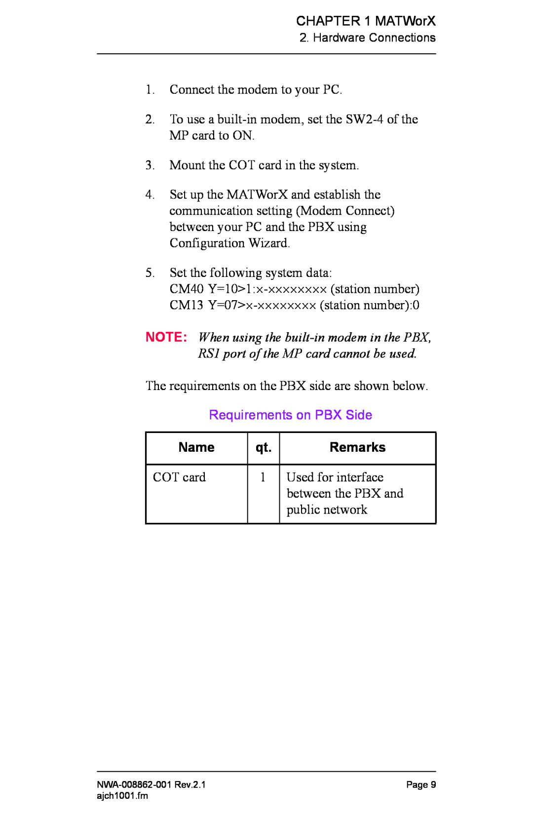 NEC NWA-008862-001 manual Requirements on PBX Side, Connect the modem to your PC, Name, Remarks 