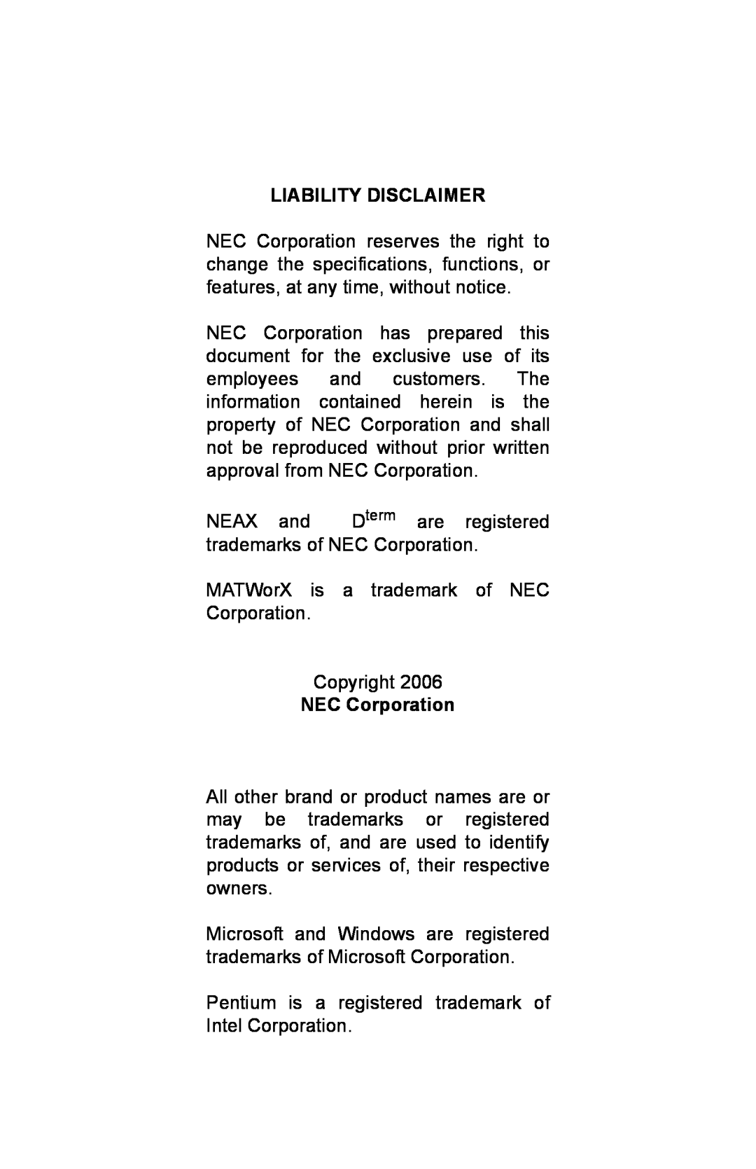 NEC NWA-008862-001 manual Liability Disclaimer, NEC Corporation 