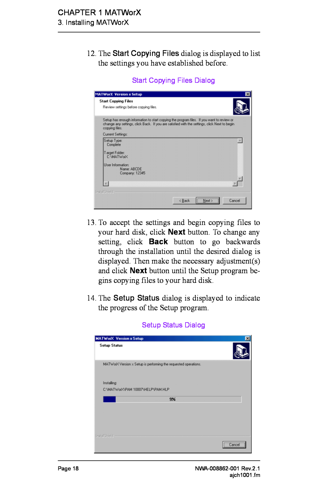 NEC NWA-008862-001 manual Start Copying Files Dialog, Setup Status Dialog 