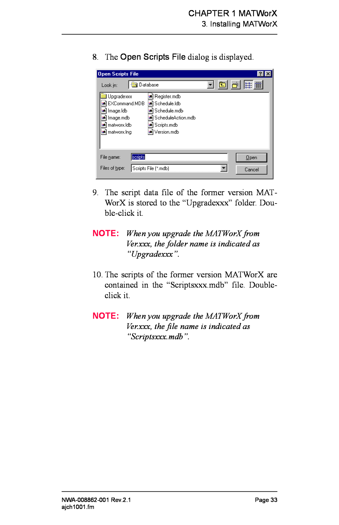 NEC NWA-008862-001 manual The Open Scripts File dialog is displayed 