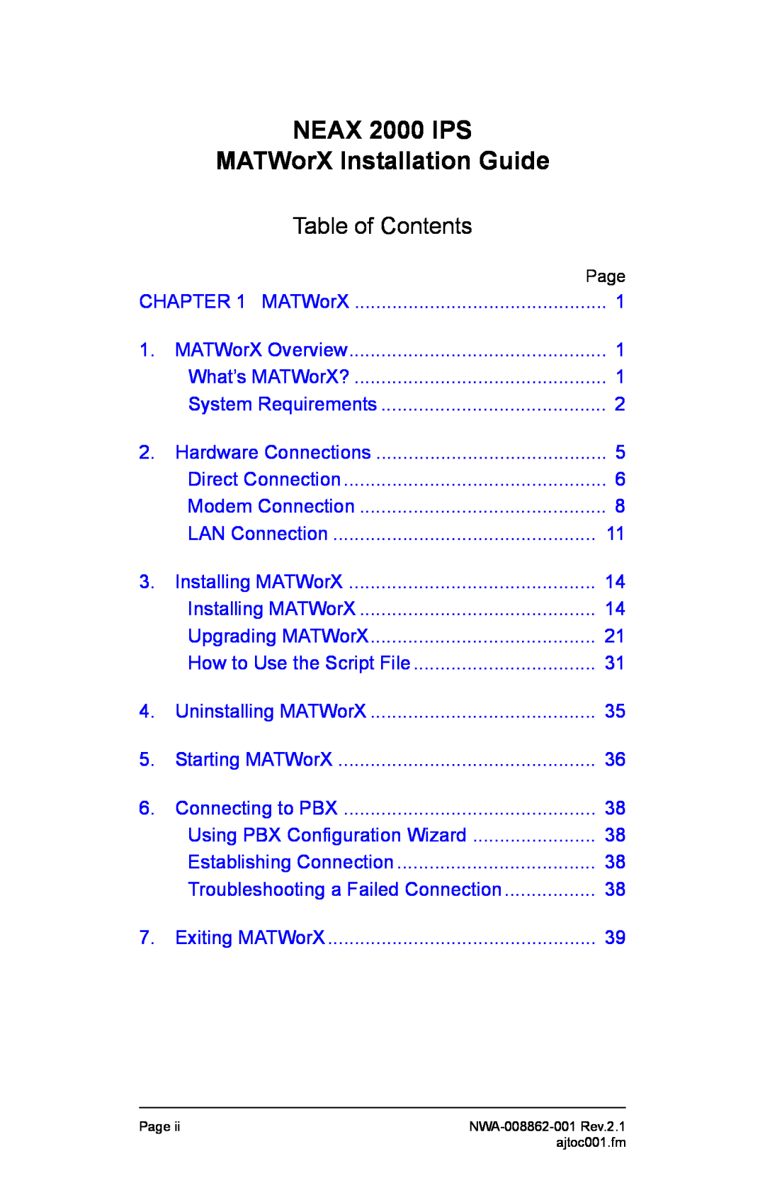 NEC NWA-008862-001 manual Table of Contents, NEAX 2000 IPS, MATWorX Installation Guide 