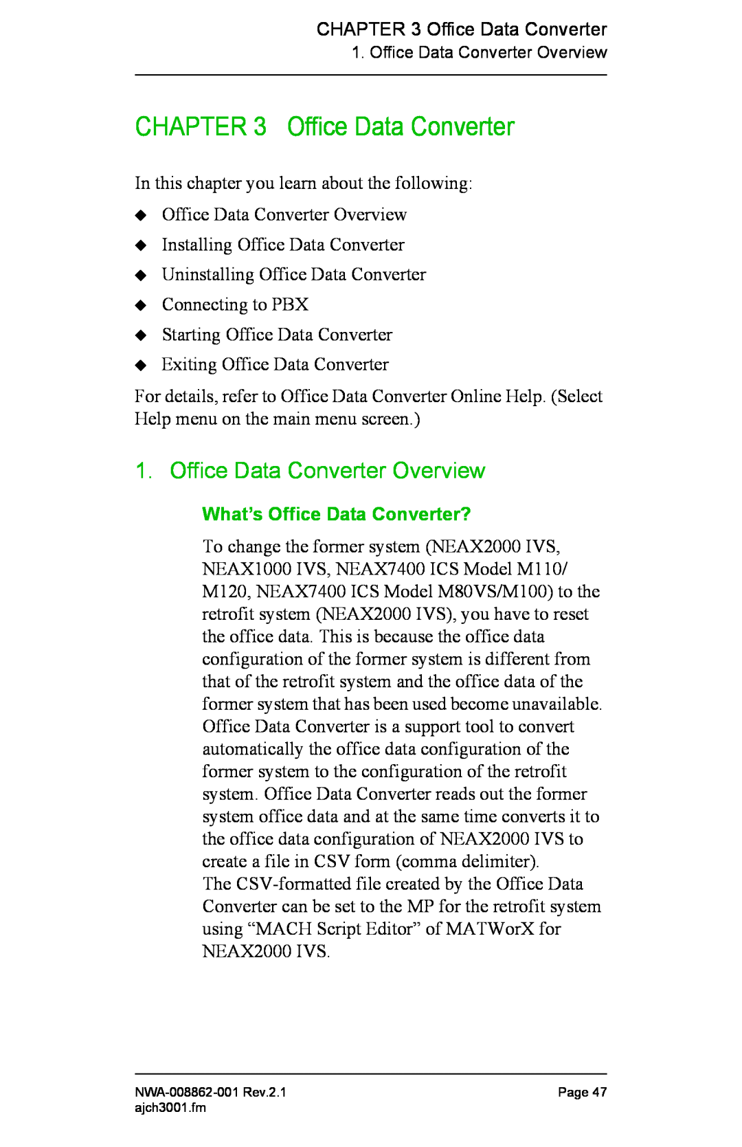 NEC NWA-008862-001 manual Office Data Converter Overview, What’s Office Data Converter? 