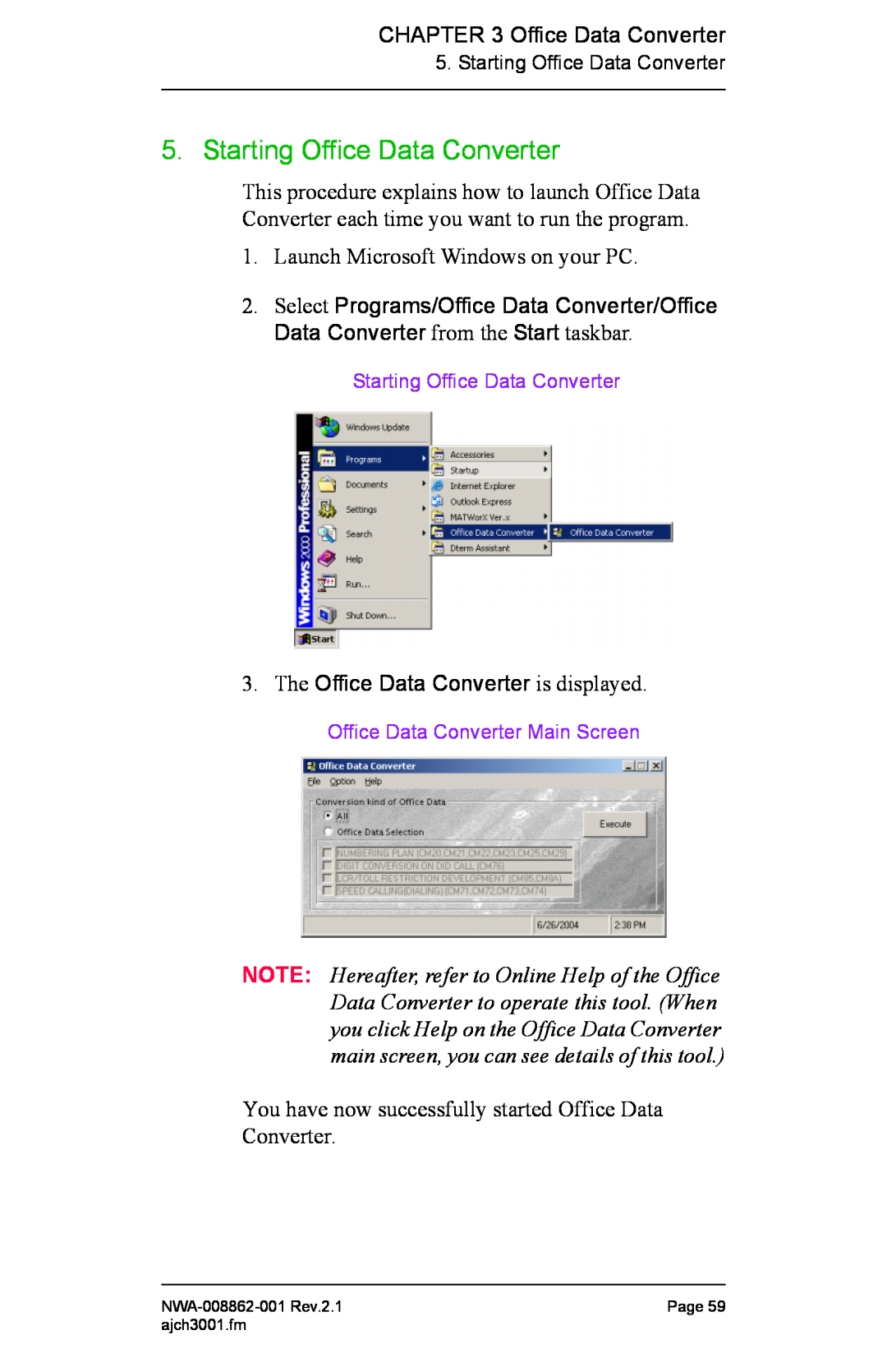 NEC manual Starting Office Data Converter, Office Data Converter Main Screen, NWA-008862-001 Rev.2.1, Page, ajch3001.fm 