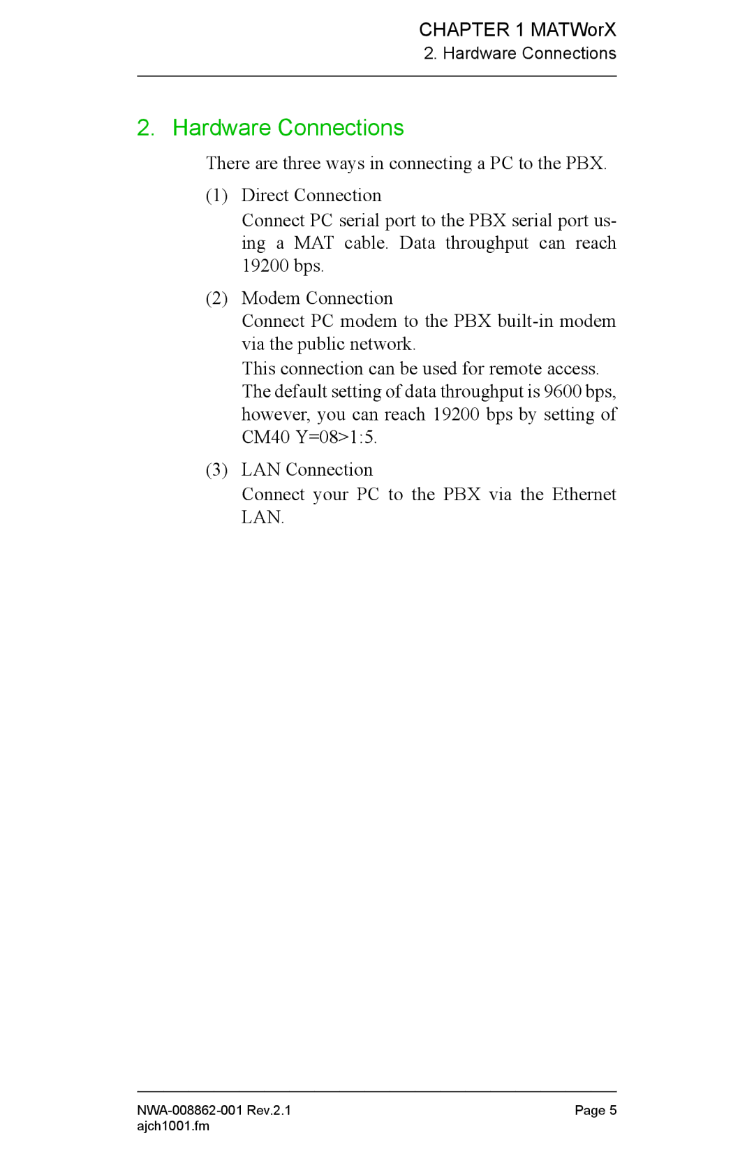 NEC NWA-008862-001 manual Hardware Connections 