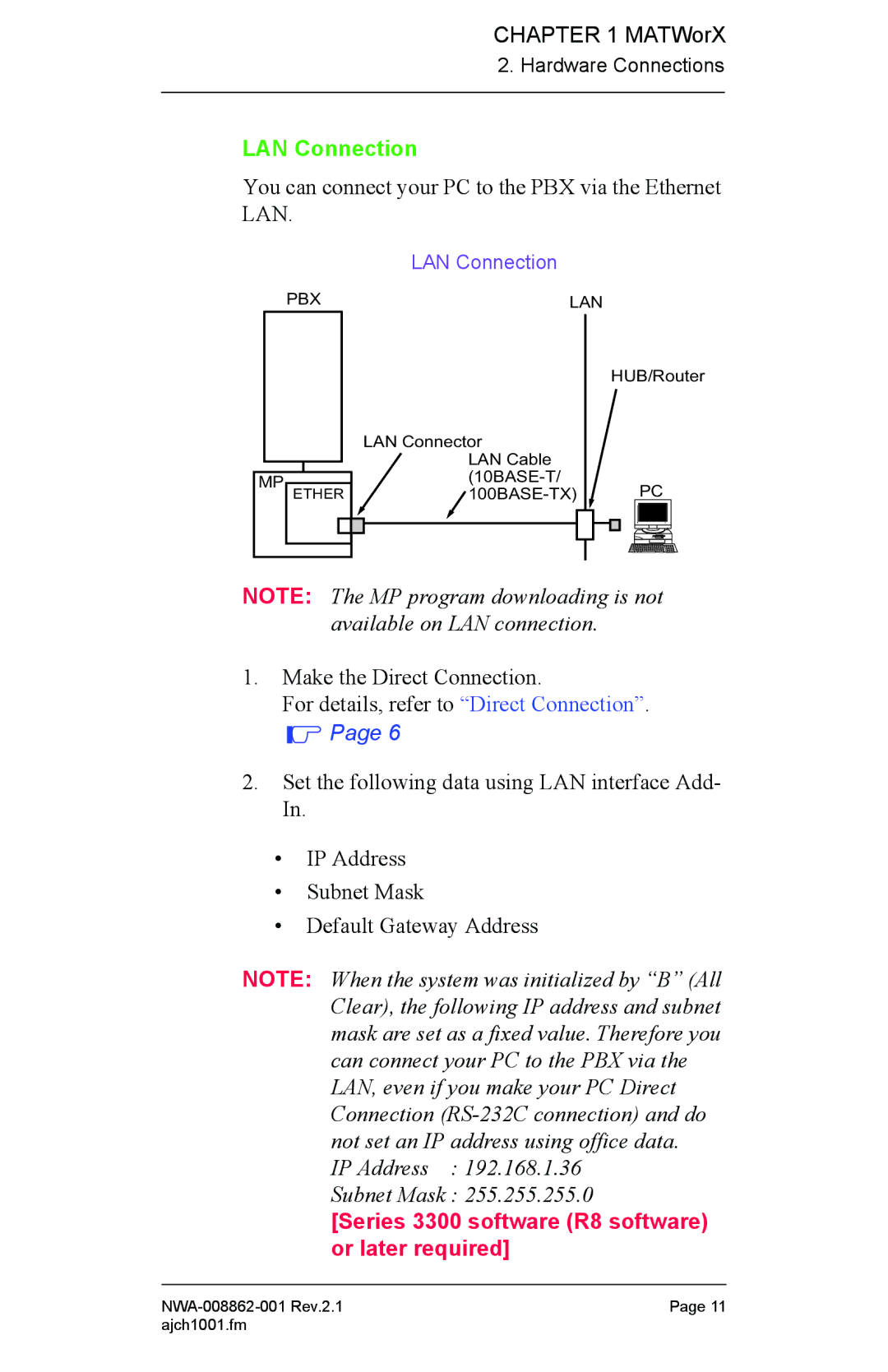 NEC NWA-008862-001 manual LAN Connection, Series 3300 software R8 software or later required 