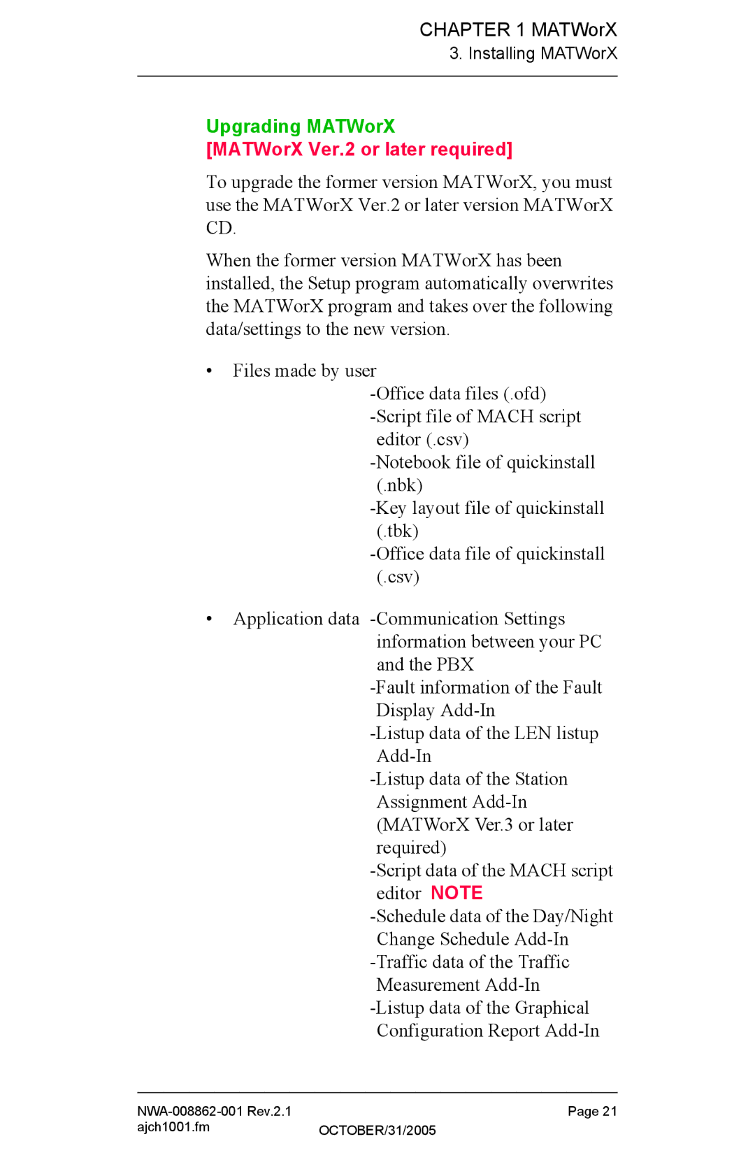 NEC NWA-008862-001 manual Upgrading MATWorX, MATWorX Ver.2 or later required 