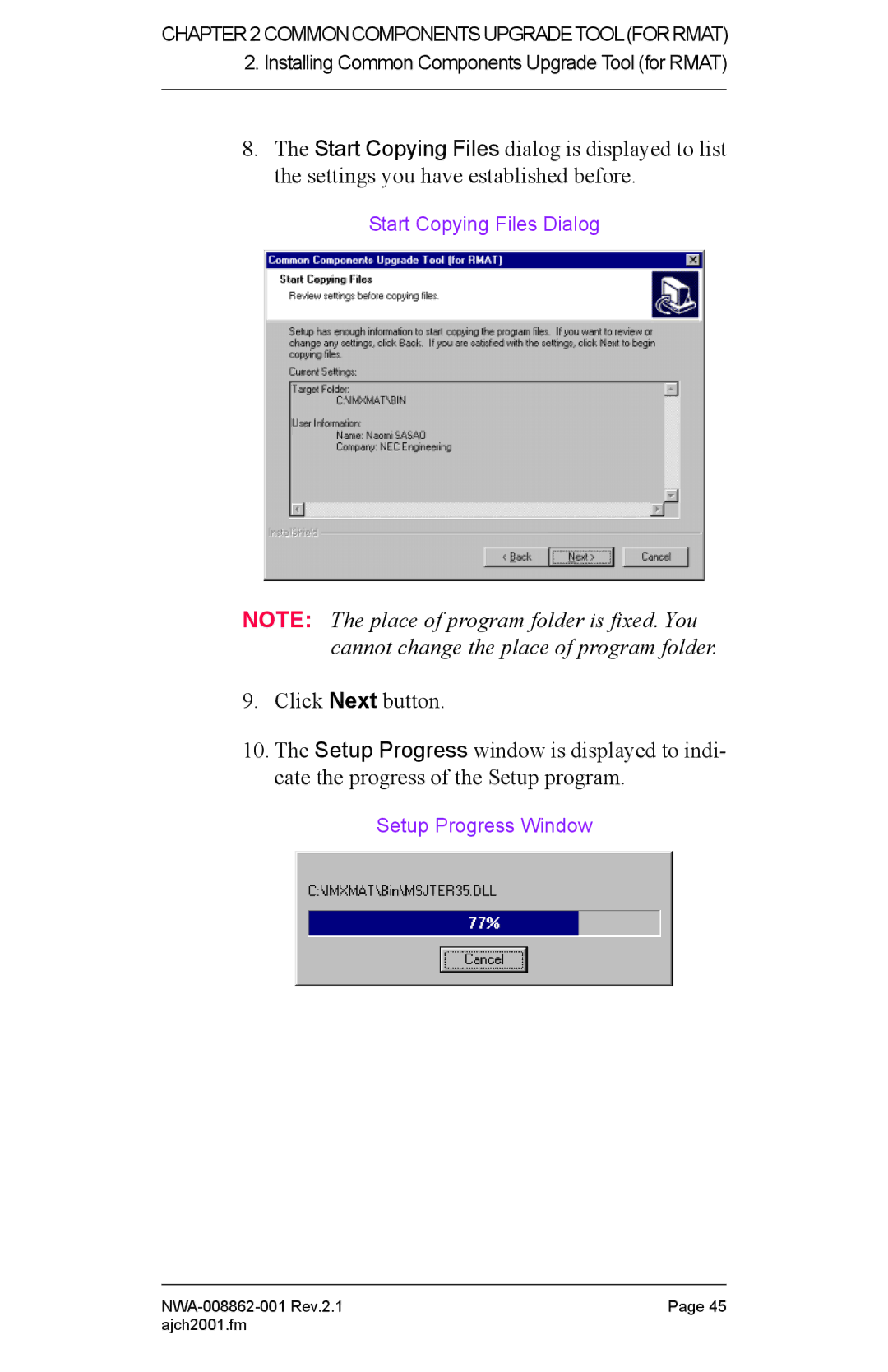 NEC NWA-008862-001 manual Setup Progress Window 