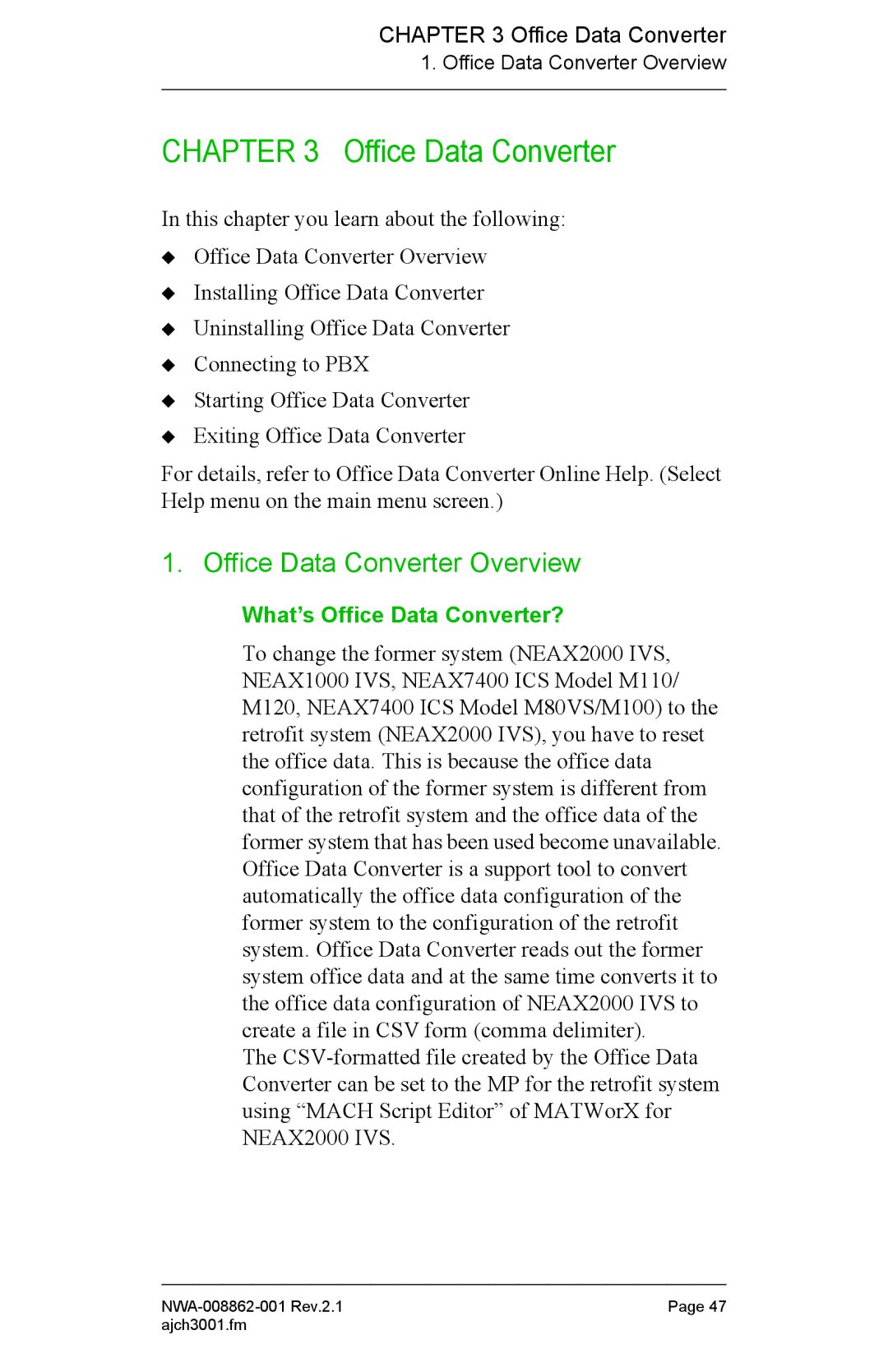 NEC NWA-008862-001 manual Office Data Converter Overview, What’s Office Data Converter? 