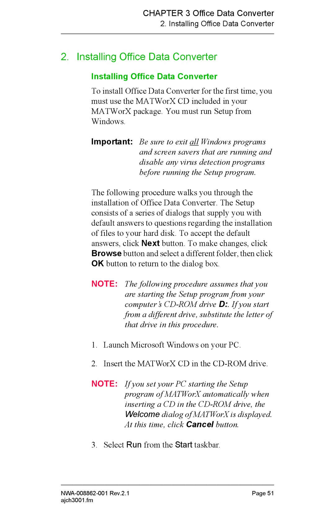 NEC NWA-008862-001 manual Installing Office Data Converter 