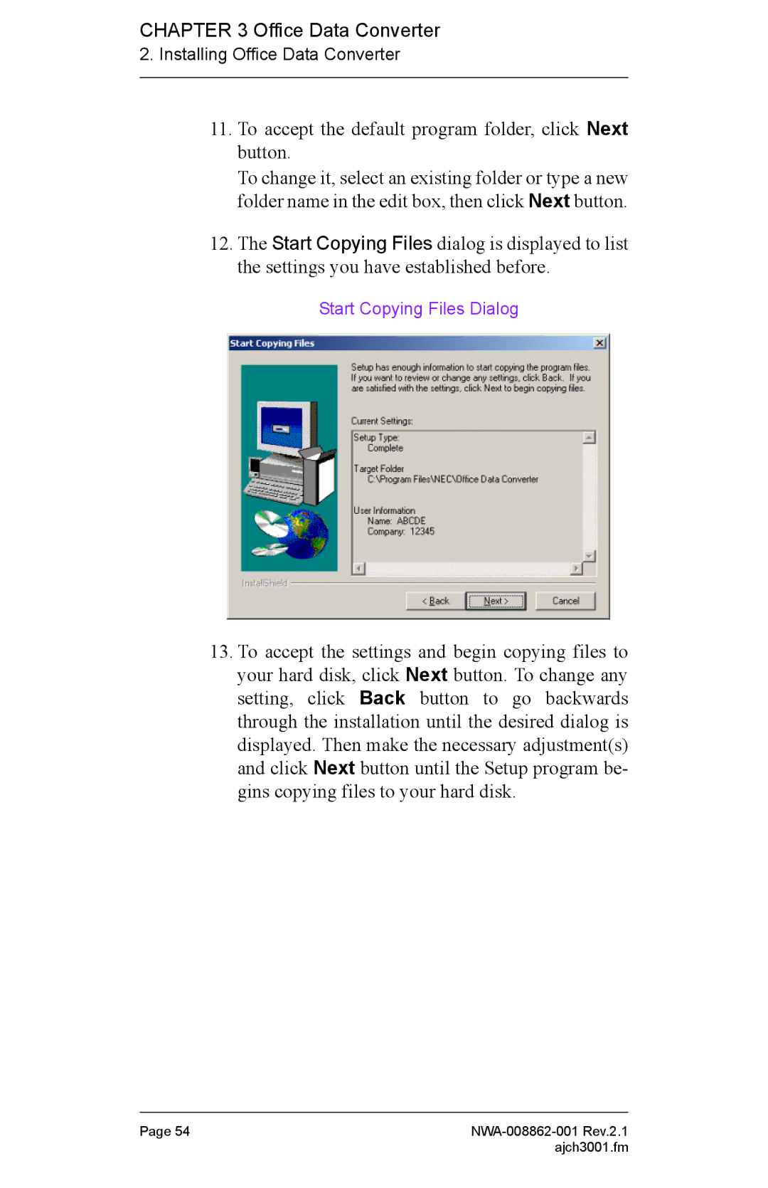 NEC NWA-008862-001 manual Start Copying Files Dialog 