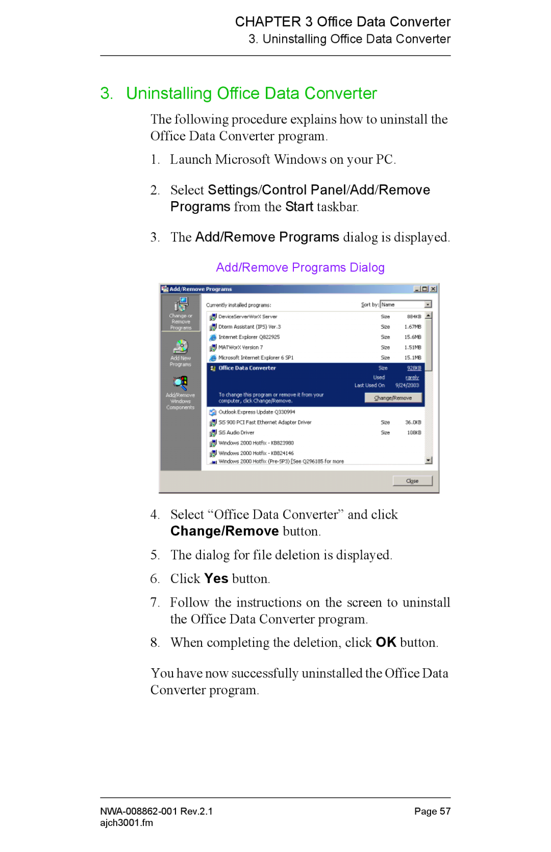 NEC NWA-008862-001 manual Uninstalling Office Data Converter, Change/Remove button 