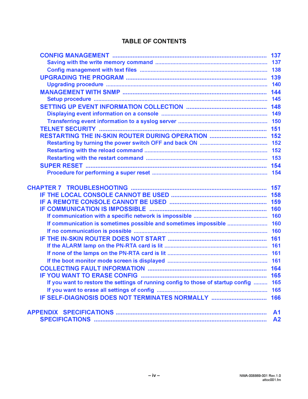 NEC NWA-008869-001 manual Table Of Contents 