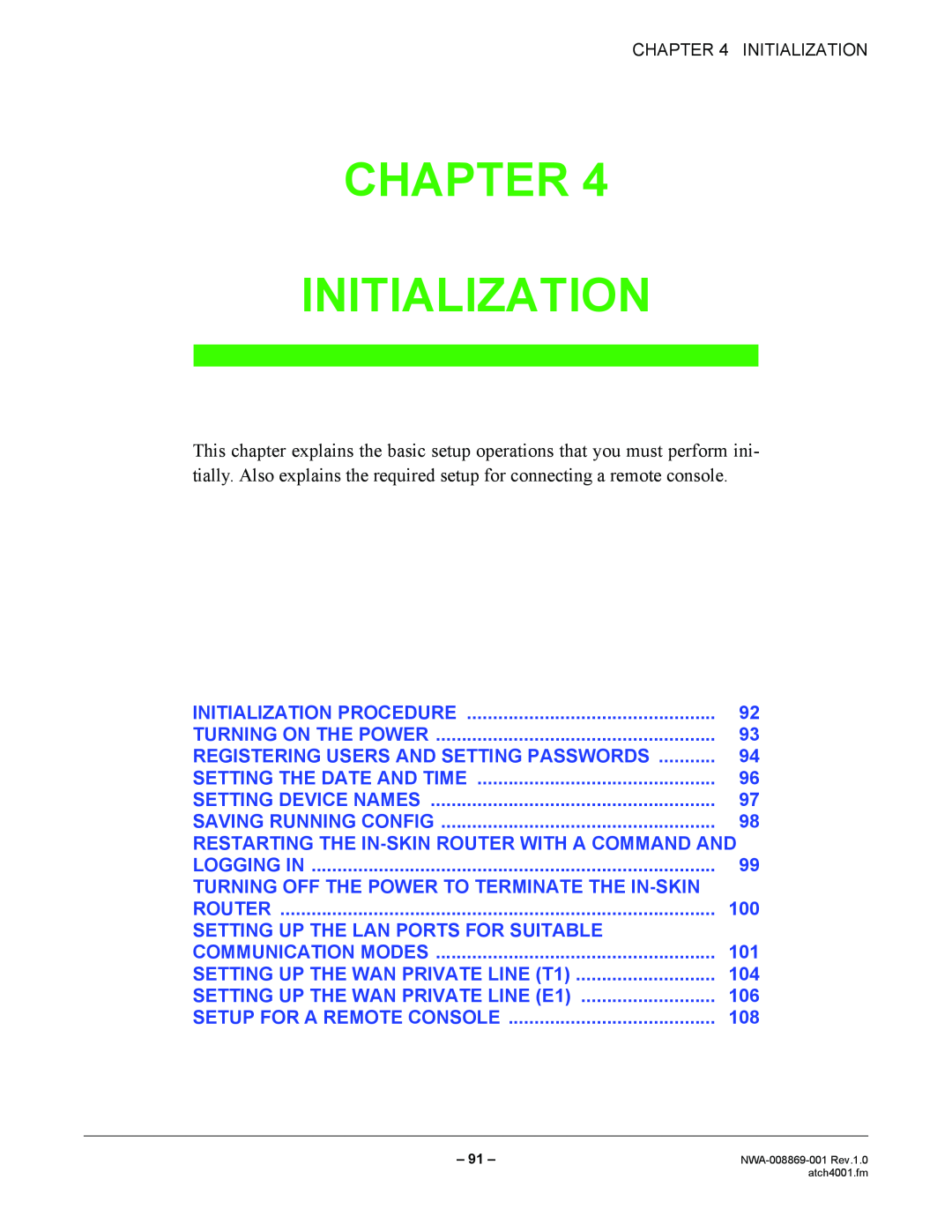 NEC NWA-008869-001 manual Chapter Initialization 