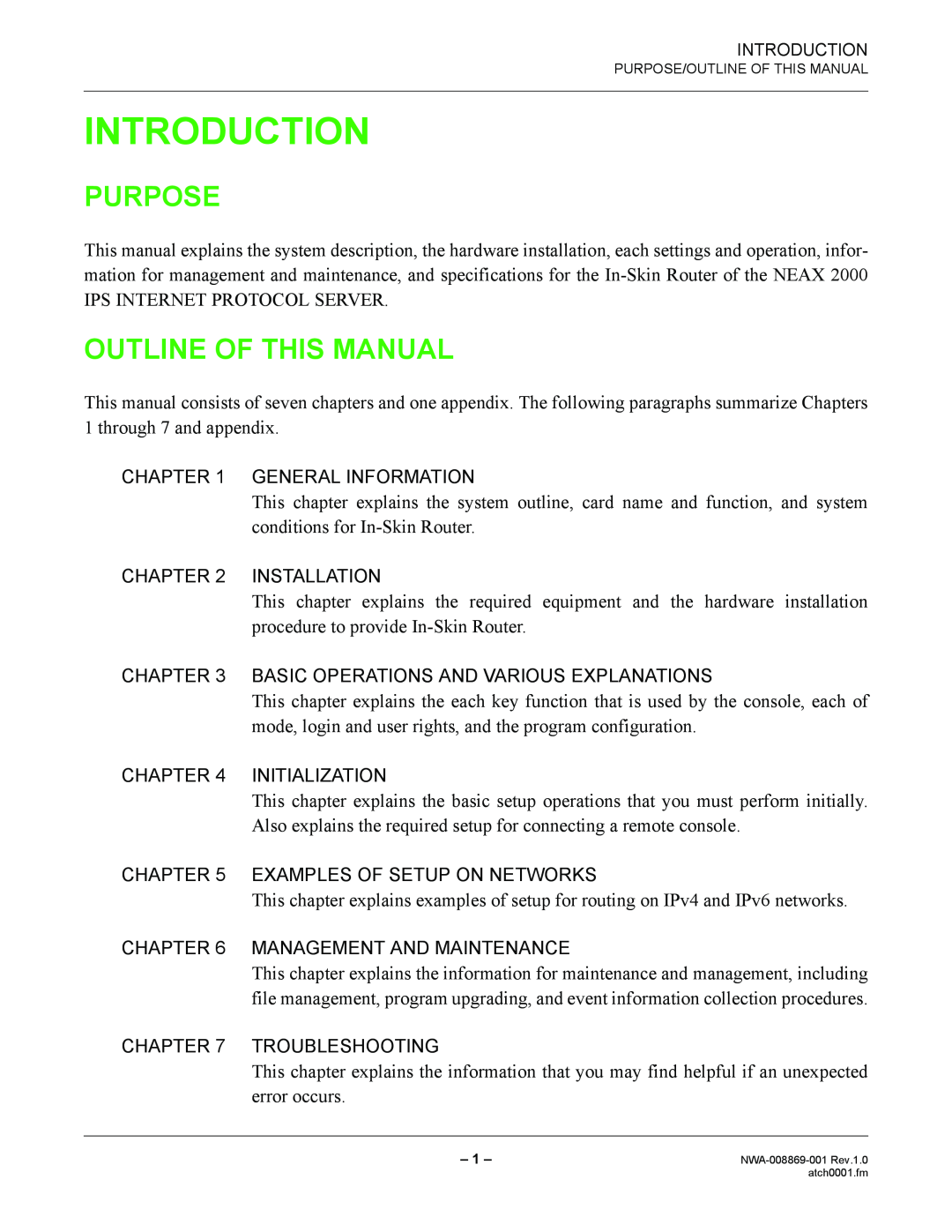 NEC NWA-008869-001 manual Purpose, Outline Of This Manual, Introduction 
