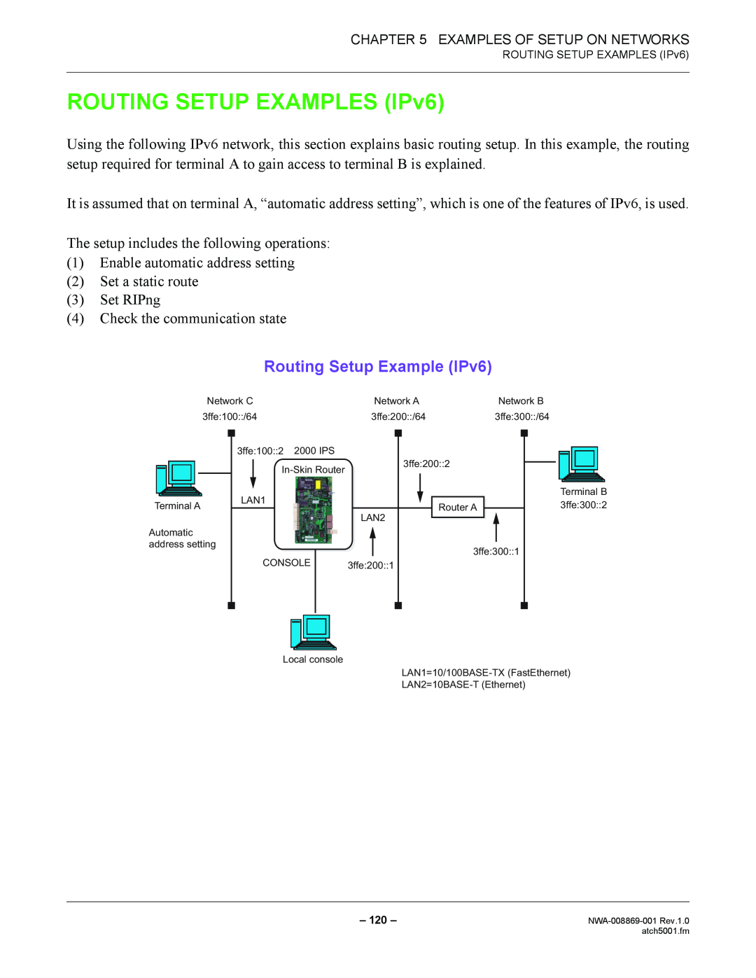 NEC NWA-008869-001 manual ROUTING SETUP EXAMPLES IPv6, Routing Setup Example IPv6 