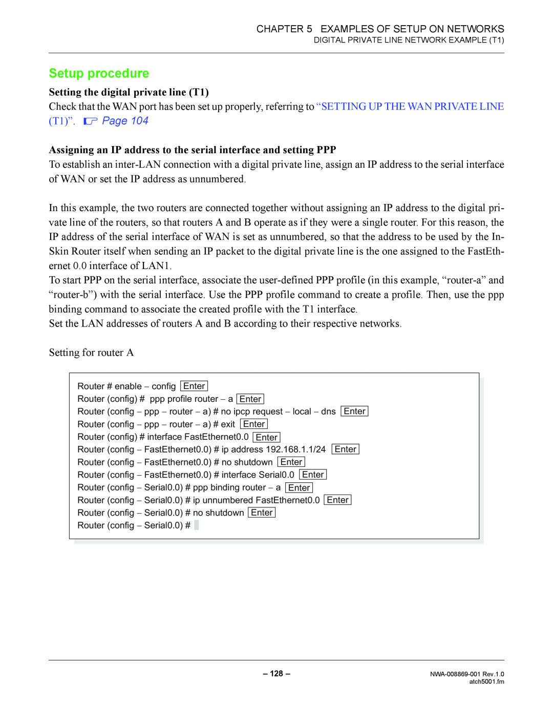NEC NWA-008869-001 manual Setting the digital private line T1, T1”. Page, Setup procedure 