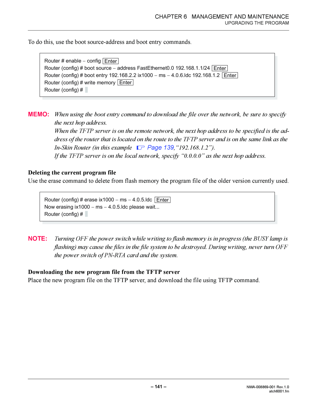 NEC NWA-008869-001 manual Deleting the current program file, Downloading the new program file from the TFTP server 