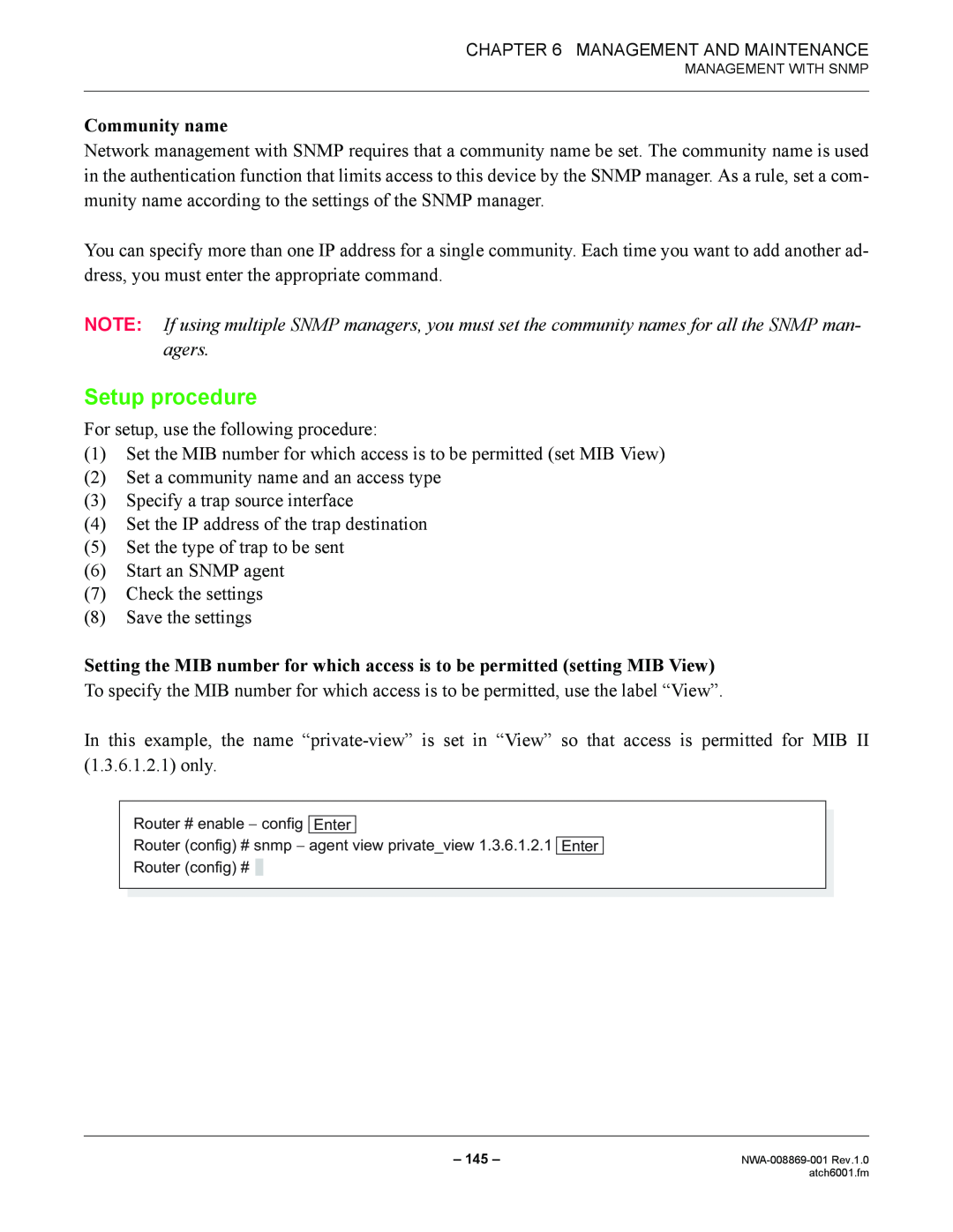 NEC NWA-008869-001 manual Community name, Setup procedure 
