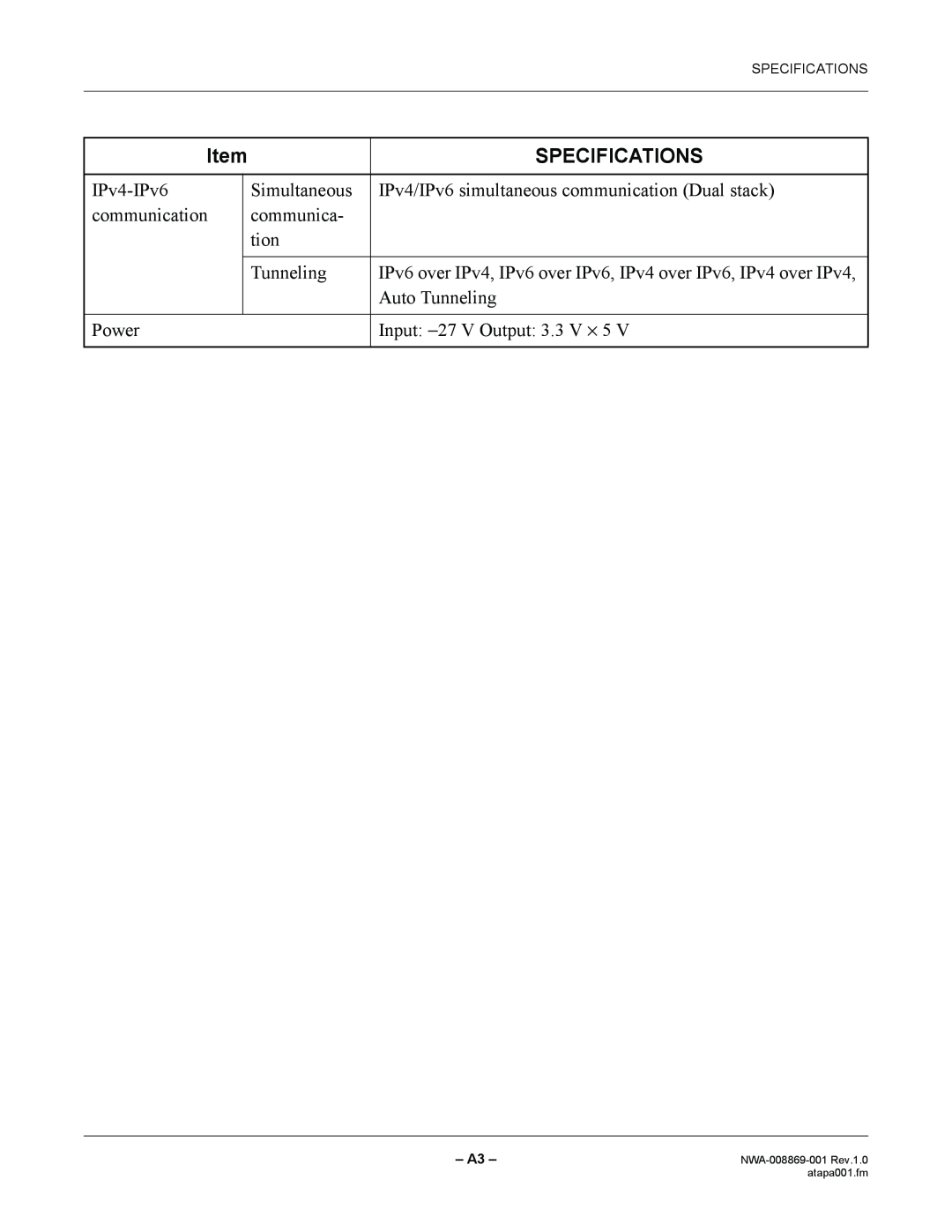 NEC NWA-008869-001 manual Specifications 