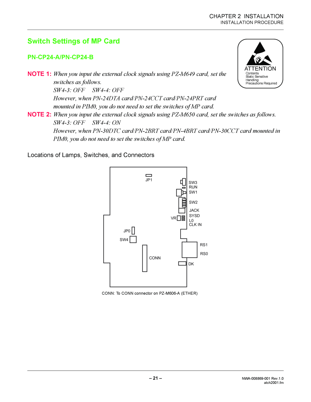 NEC NWA-008869-001 manual Switch Settings of MP Card, PN-CP24-A/PN-CP24-B 