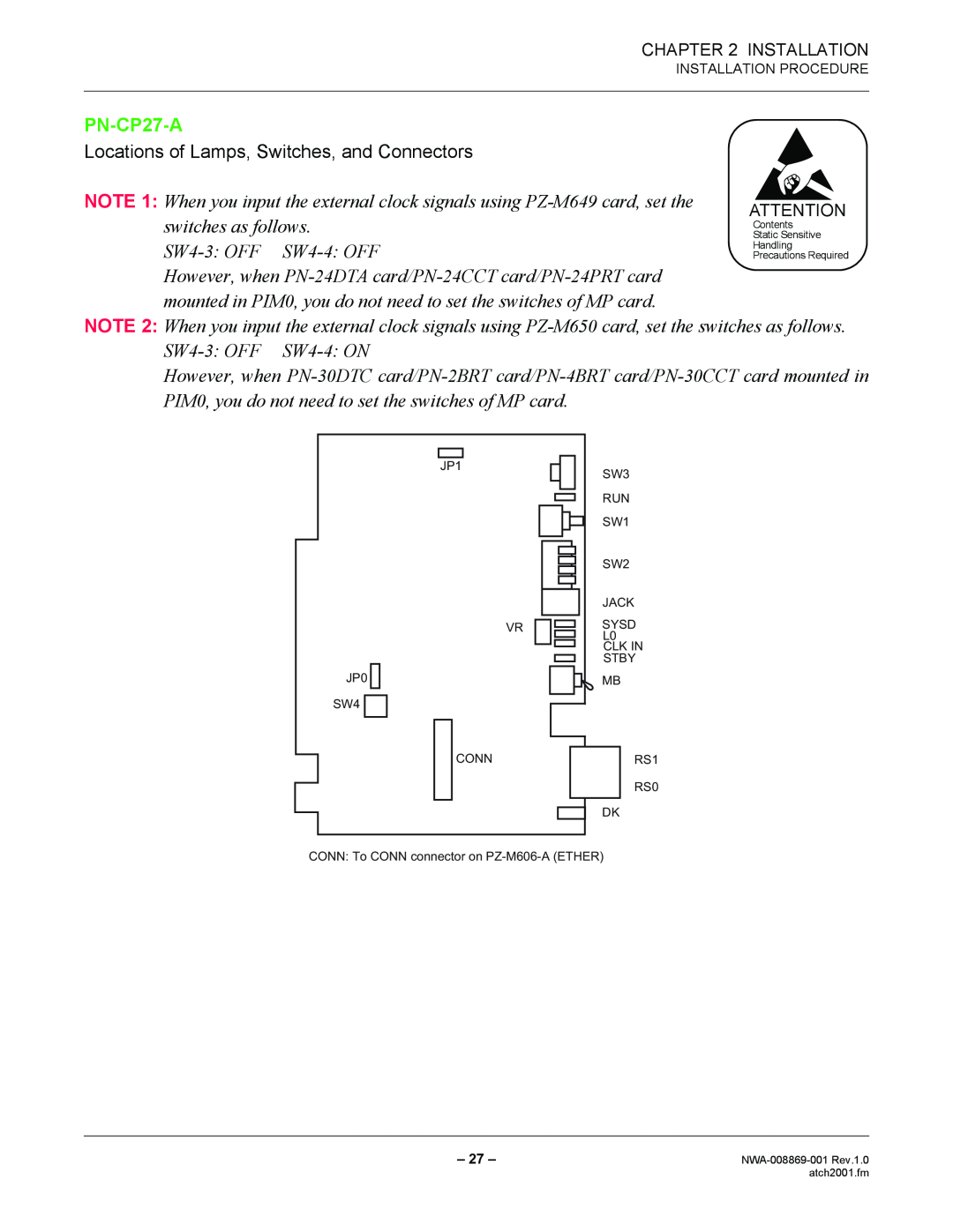 NEC NWA-008869-001 manual PN-CP27-A, Locations of Lamps, Switches, and Connectors 