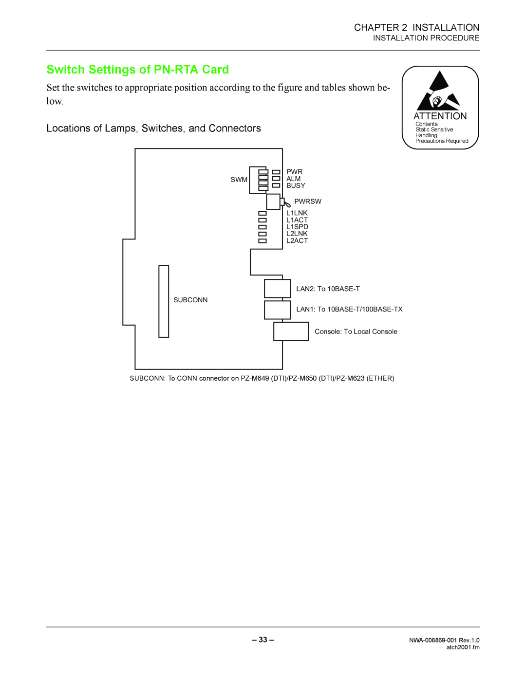 NEC manual Switch Settings of PN-RTA Card, Installation Procedure, NWA-008869-001 Rev.1.0 