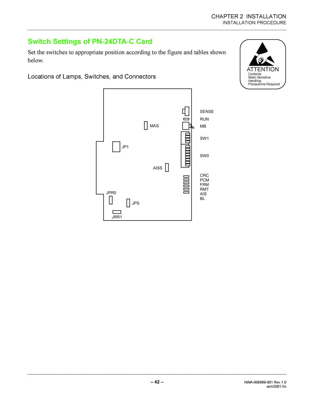 NEC NWA-008869-001 manual Switch Settings of PN-24DTA-C Card, Installation Procedure 